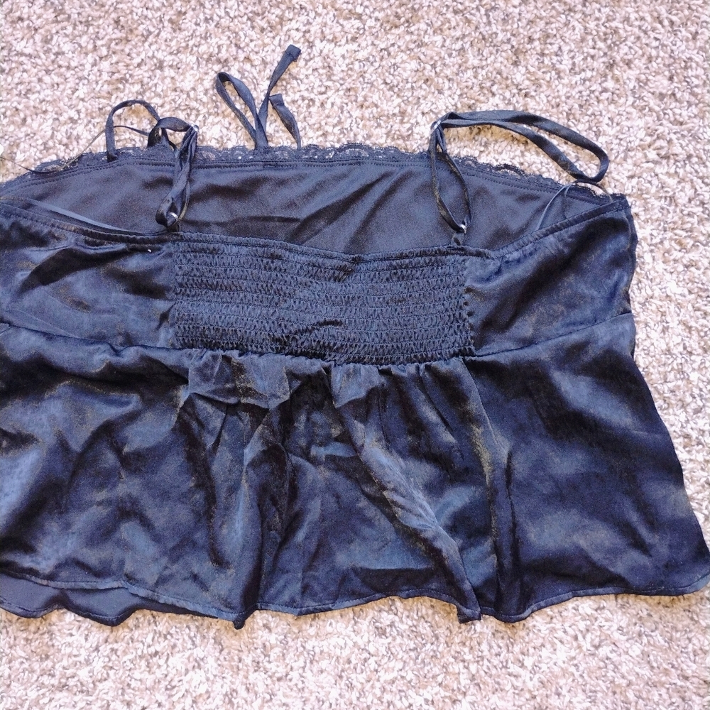 NWT Black Satin Lace Trim Valentine Cami Tie Front Smocked Back size XXL - Picture 4 of 5